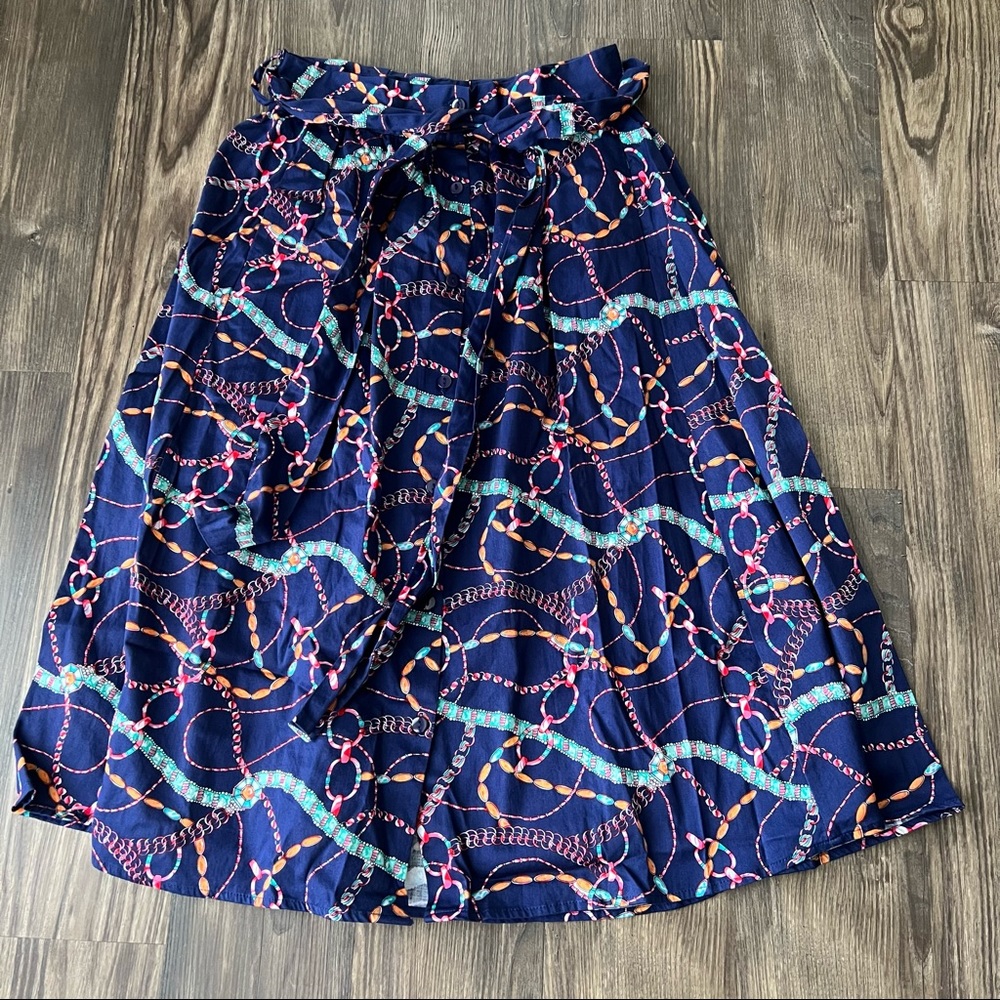 Umgee Blue Geometric Print Button Front Paper Bag Waist Knee Length Skirt - Picture 1 of 13